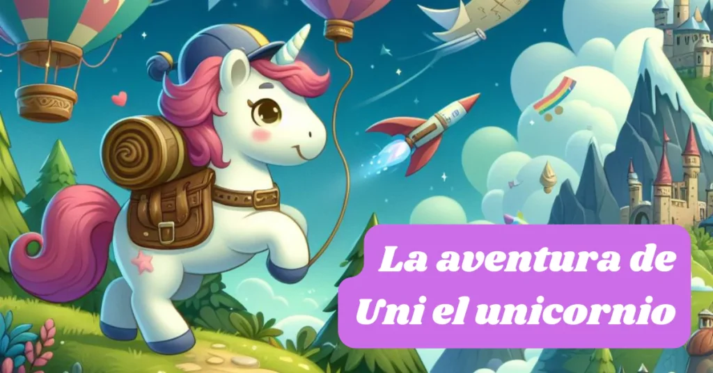 portada de cuento de unicornio con mochila mirando un castillo