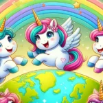 tres unicornios felices sobre la tierra con un arcoiris