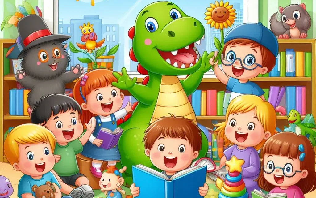 Biblioteca infantil con niños y personajes de ficción leyendo felices