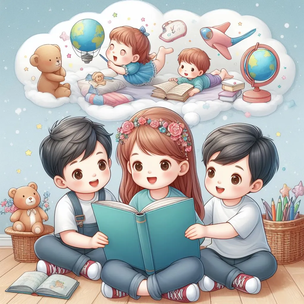 Niños imaginando mientras leen, felices.
