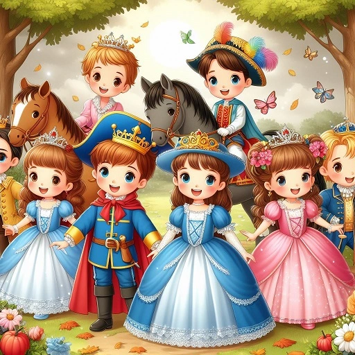 Niños vestidos de príncipes y princesas, montando caballos